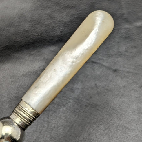 British Antique White Pearl Shell Handle Silver Plated Jam Spoon Pair